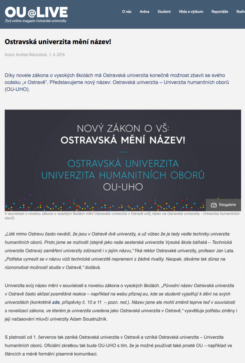 Původní článek, který 1. dubna 2016 děsil a bavil lidi kolem Ostravské univerzity